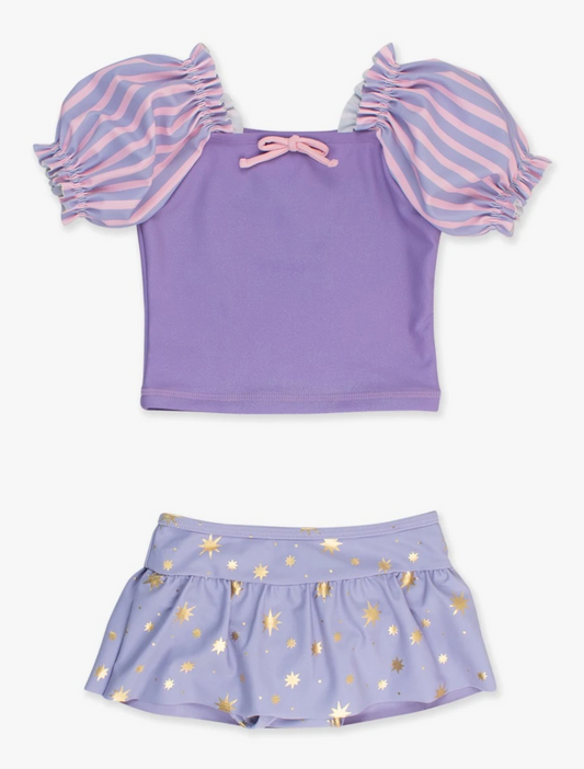 Lavender puffed sleeve two-piece swimsuit for girls with skirted bottom and bow, UPF 50+ sun protection.