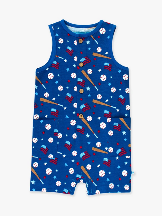 Rugged Butts Play Ball Romper with sporty print and front pocket for boys