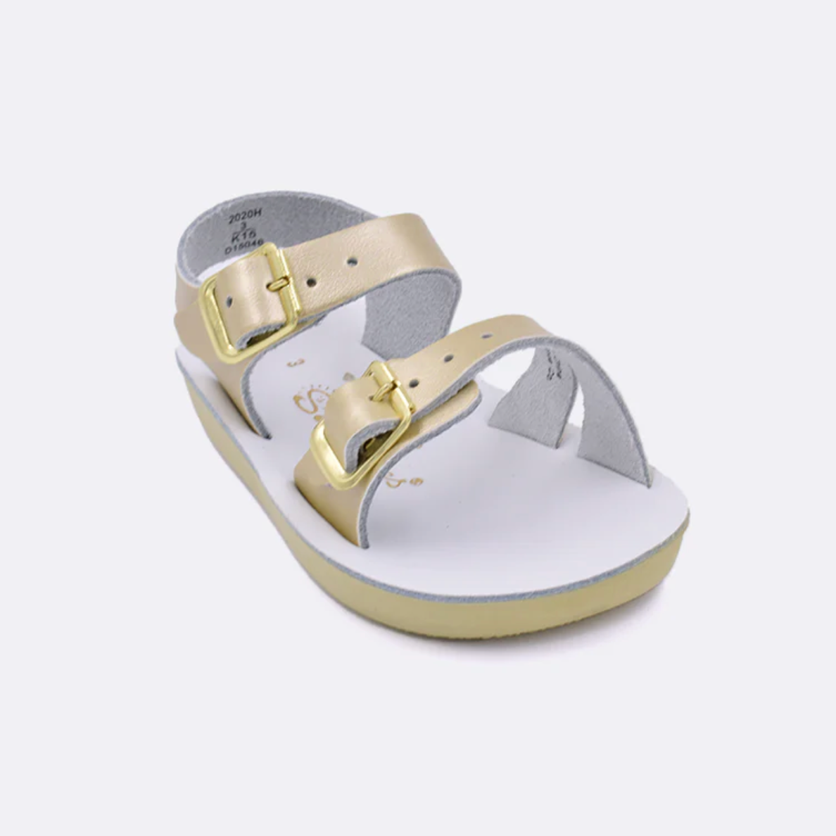 Infant gold leather sandal with adjustable buckles and flexible sole, water-friendly and soft for baby’s first steps.