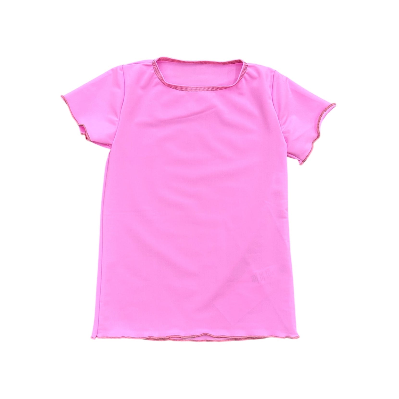 Yogababy Bubblegum Pink short sleeve athletic top with lettuce edge trim, fitted style for girls