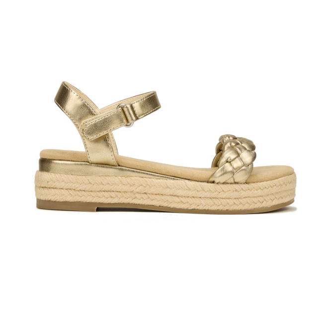 Girl wearing Yosi Samra Miss April Wedge Sandals with espadrille platform and braided toe strap, secure Velcro ankle closure.