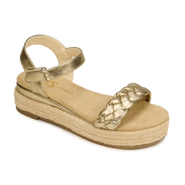 Girl wearing Yosi Samra Miss April Wedge Sandals with espadrille platform and braided toe strap, secure Velcro ankle closure.